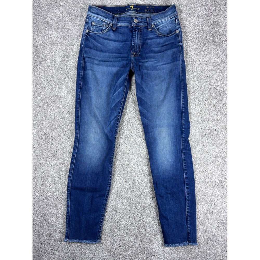 7 For All Mankind The Ankle Skinny Jeans Blue Wash Distressed Raw‎ Hem Size 27